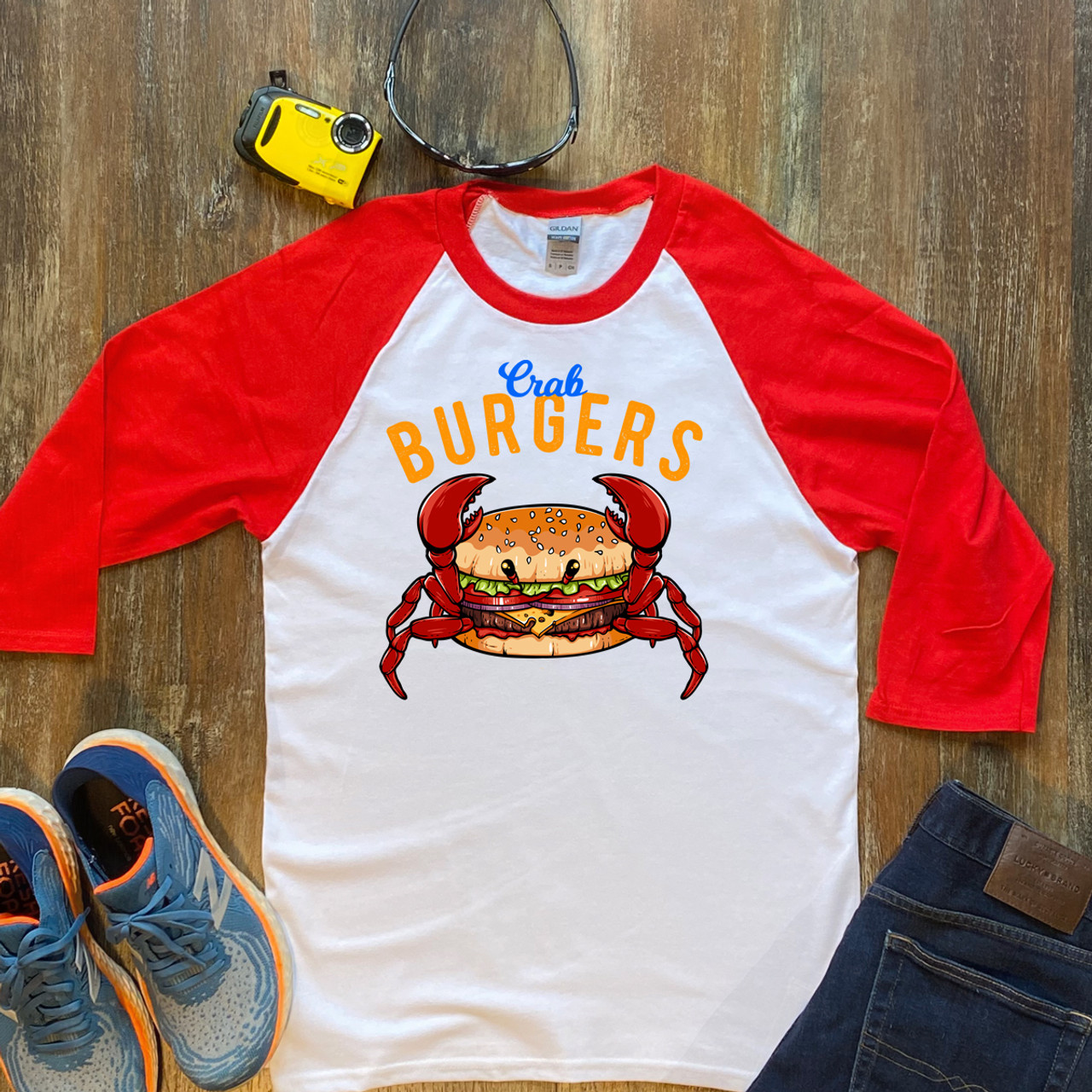 Red Crab Burger  Unisex 3/4 Sleeve Raglan Shirt Gildan 5700