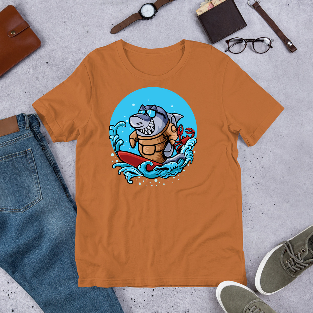 Toast Shark Surfing Unisex Staple T-Shirt - Bella + Canvas 3001