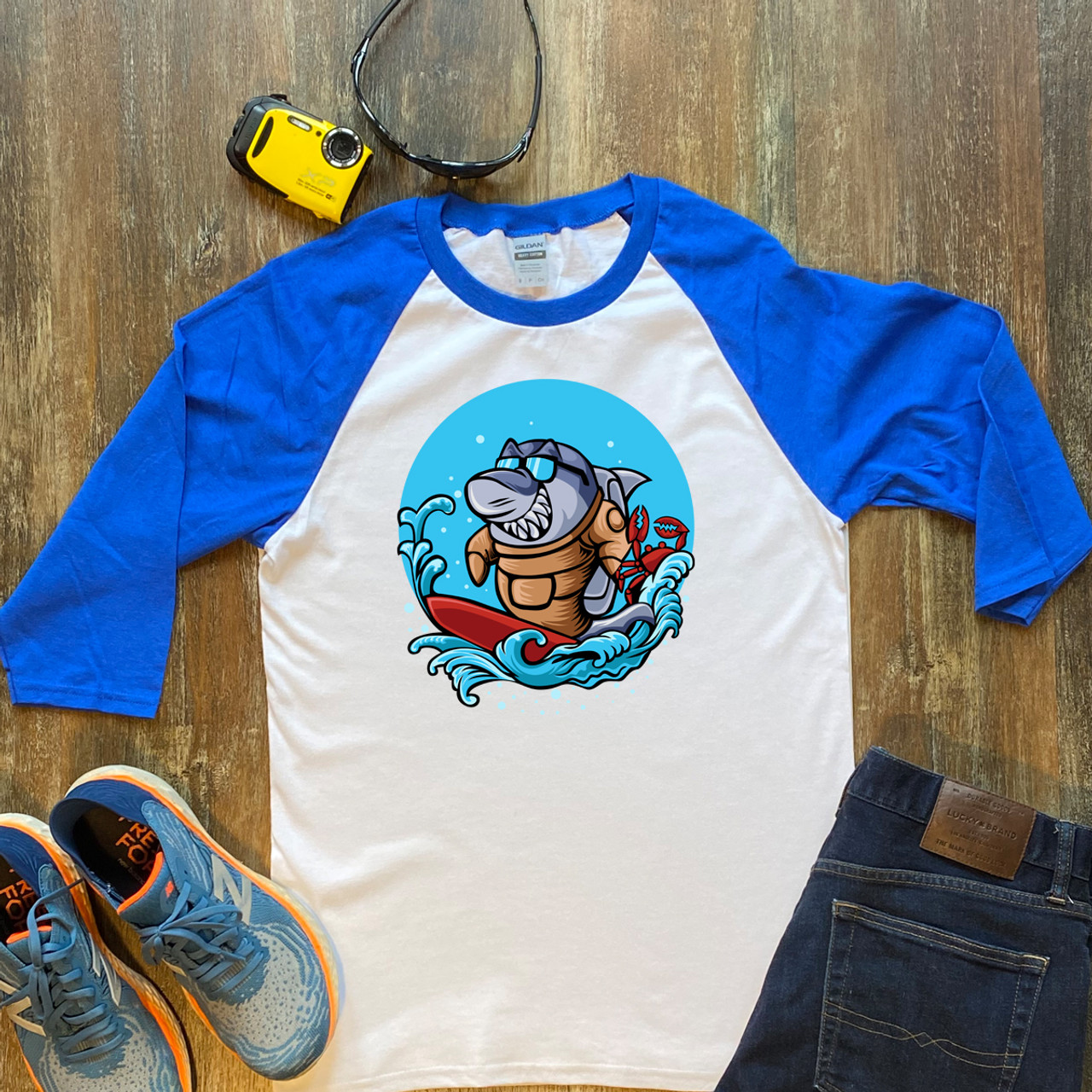 Blue Shark Surfing  Unisex 3/4 Sleeve Raglan Shirt Gildan 5700