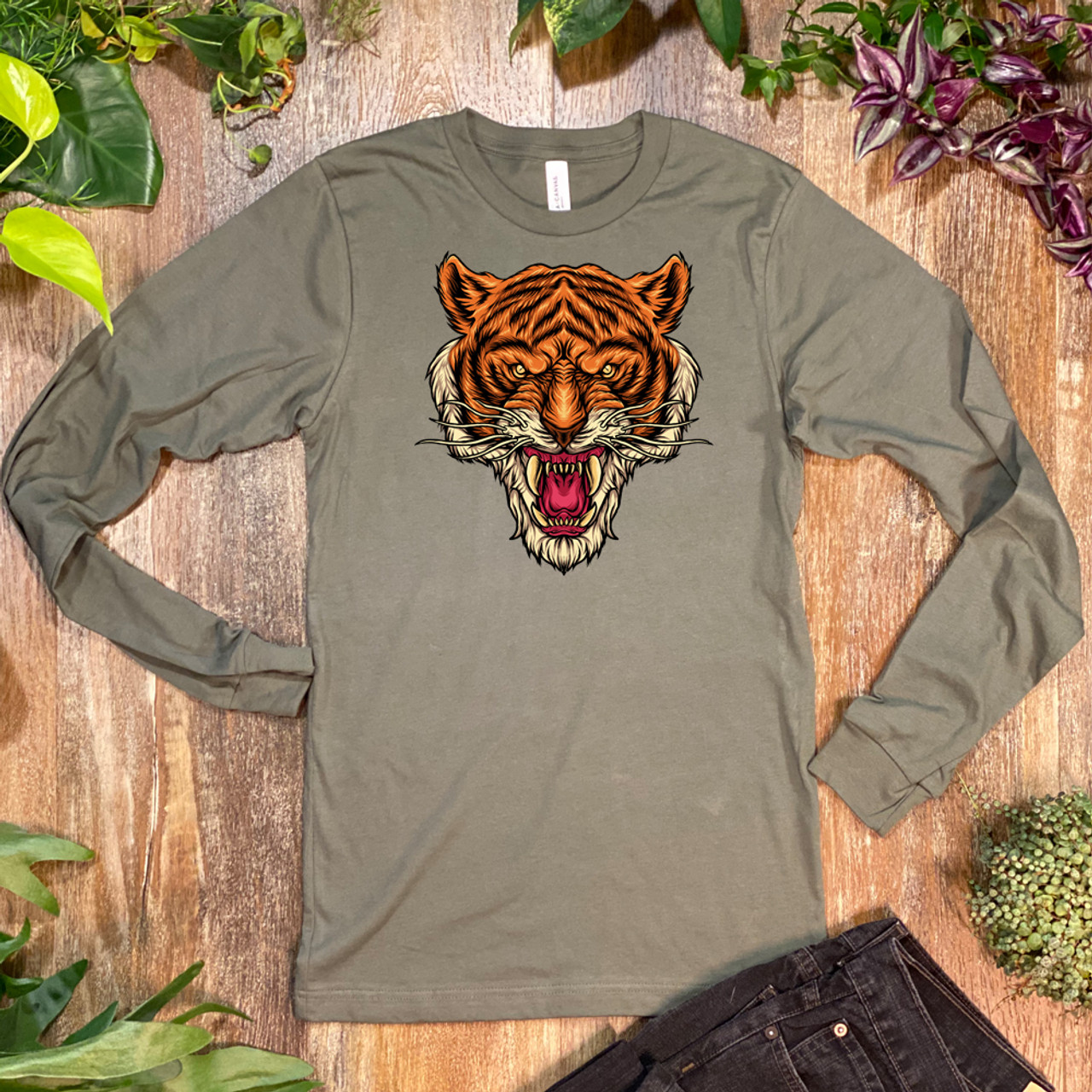 Military Green The Tiger Unisex Long Sleeve Tee - Bella + Canvas 3501