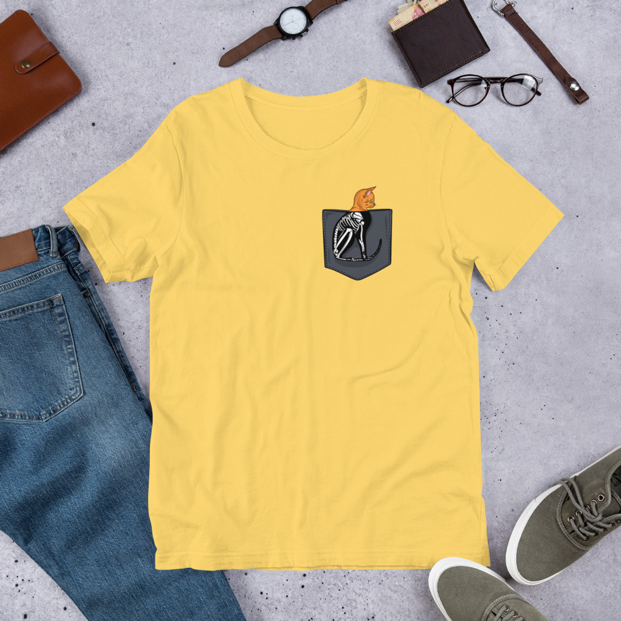 Yellow T-Shirt - Bella + Canvas 3001 Cat Skeleton Pocket