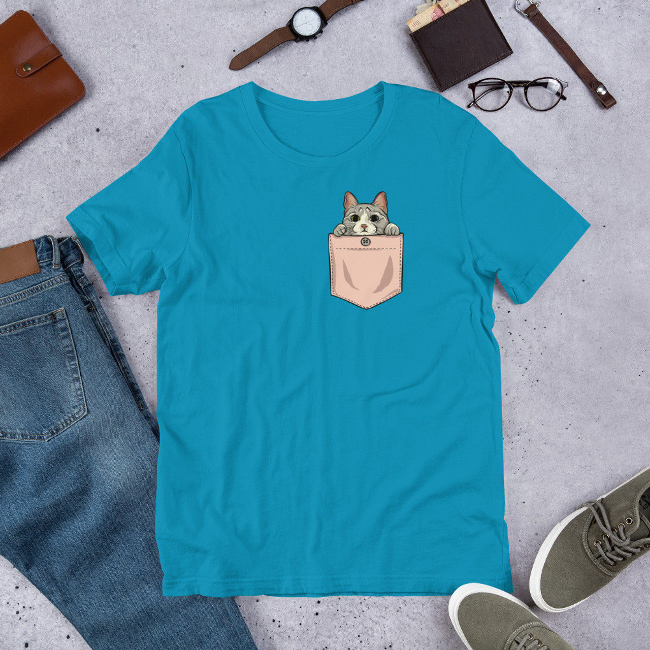 Aqua T-Shirt - Bella + Canvas 3001 Cute Pocket Kitten