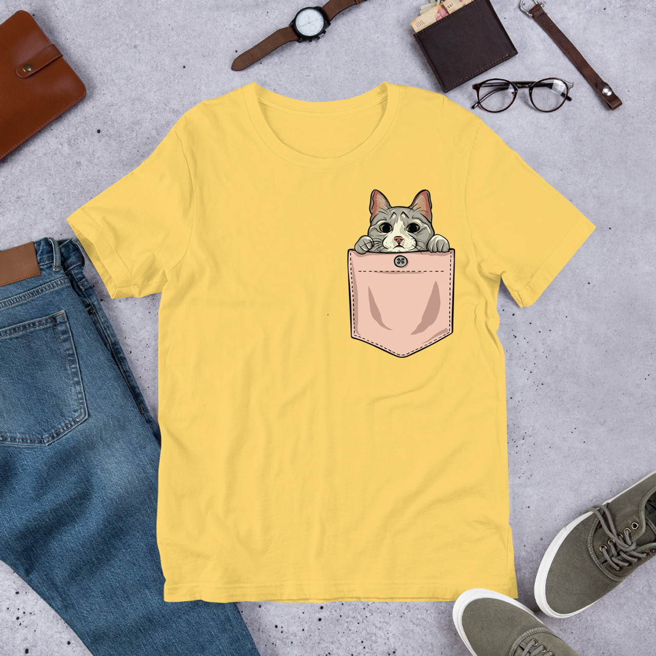 Yellow T-Shirt - Bella + Canvas 3001 Cute Pocket Kitten