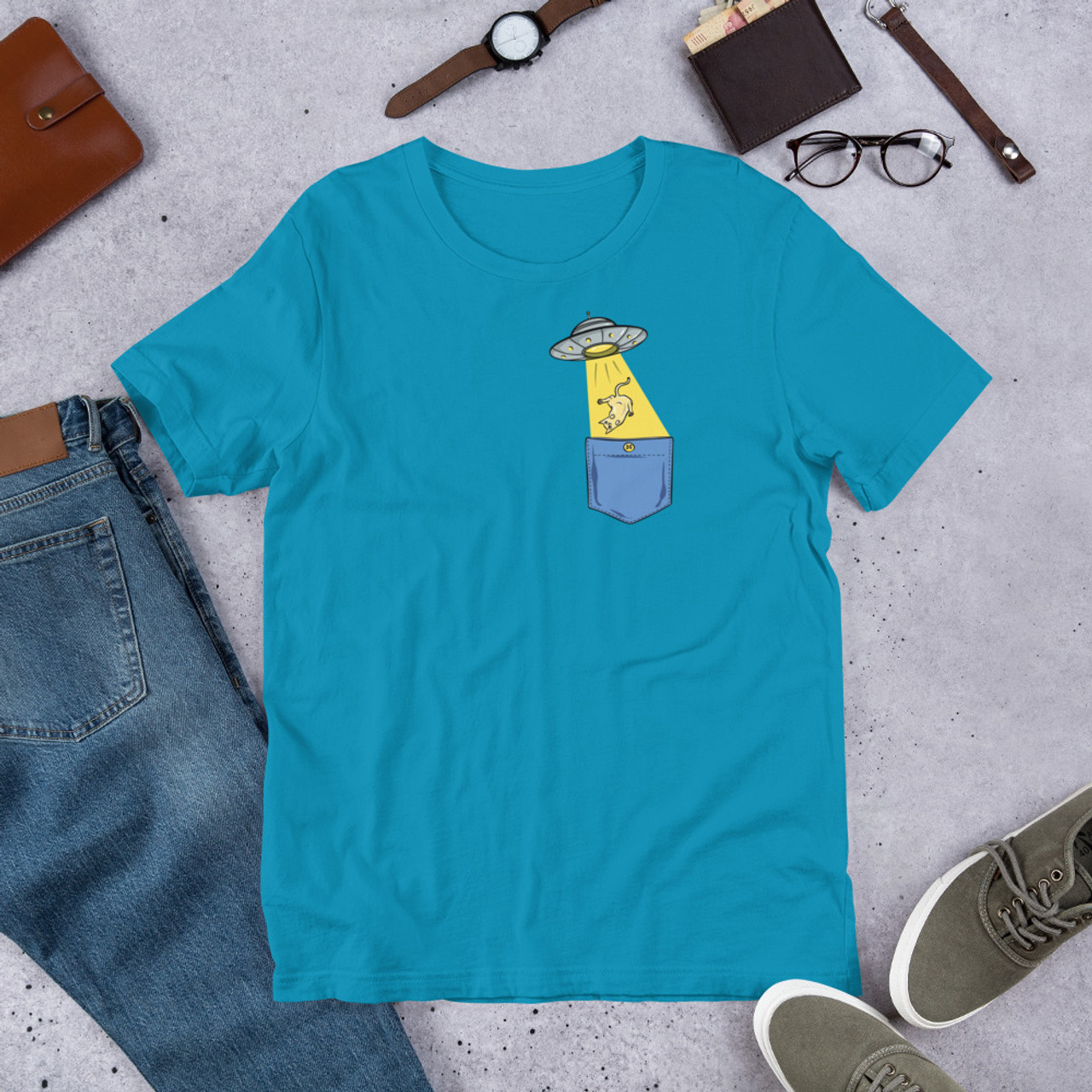Aqua T-Shirt - Bella + Canvas 3001 UFO Pocket Cat
