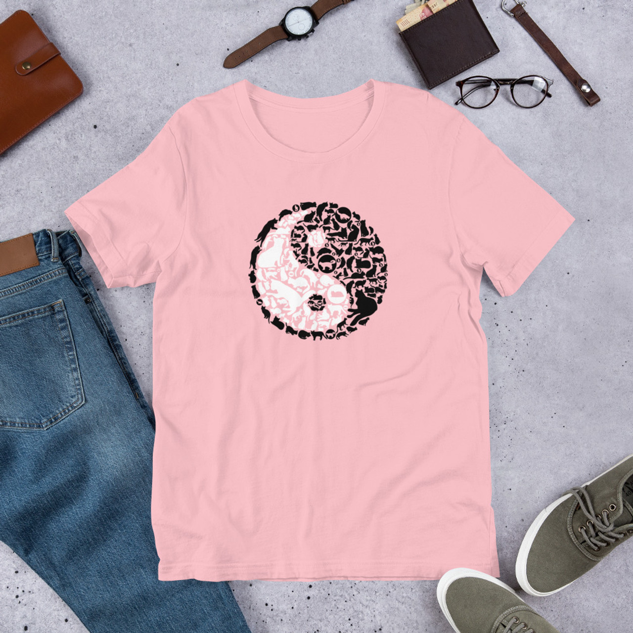 Pink T-Shirt - Bella + Canvas 3001 Yin Yang Cat