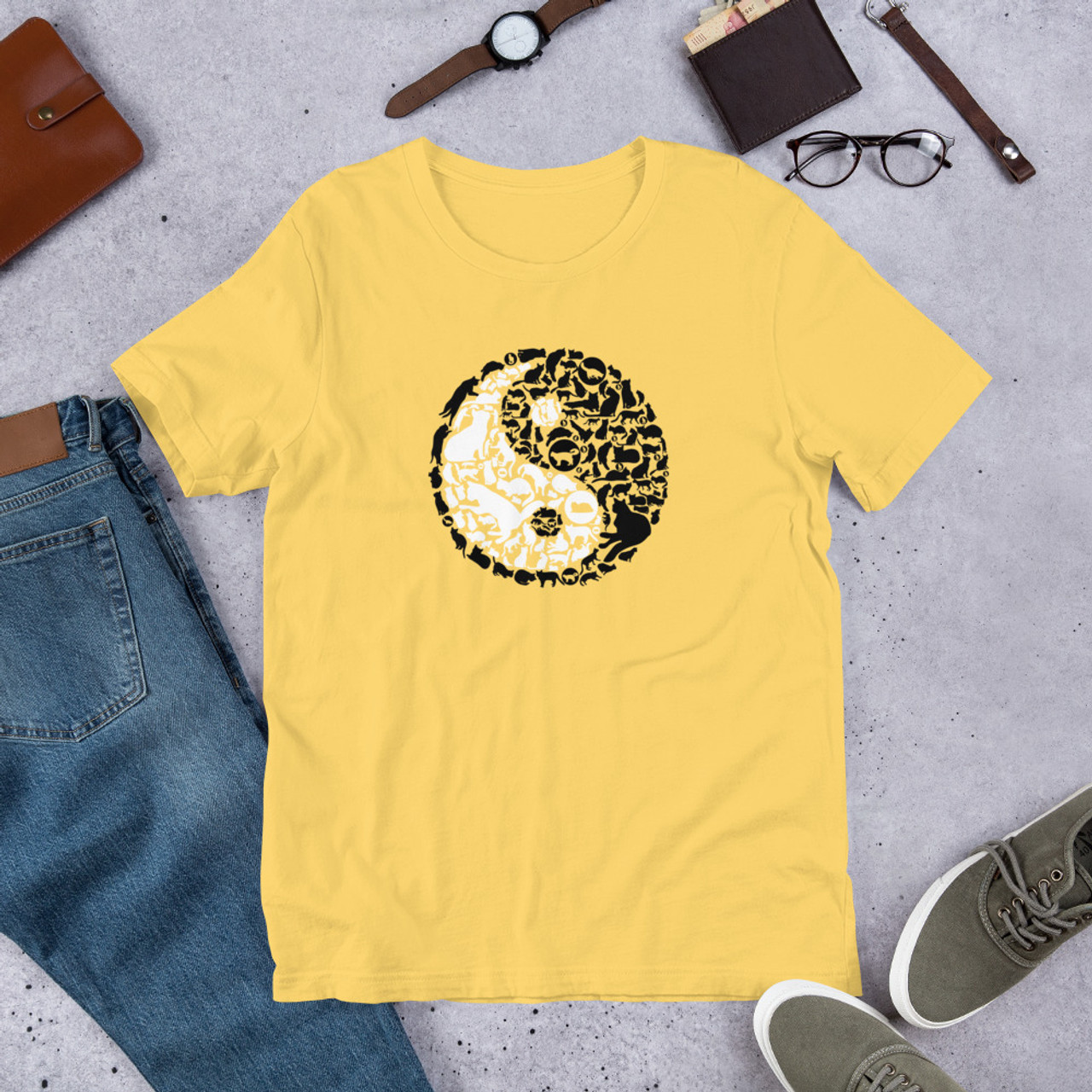 Yellow T-Shirt - Bella + Canvas 3001 Yin Yang Cat