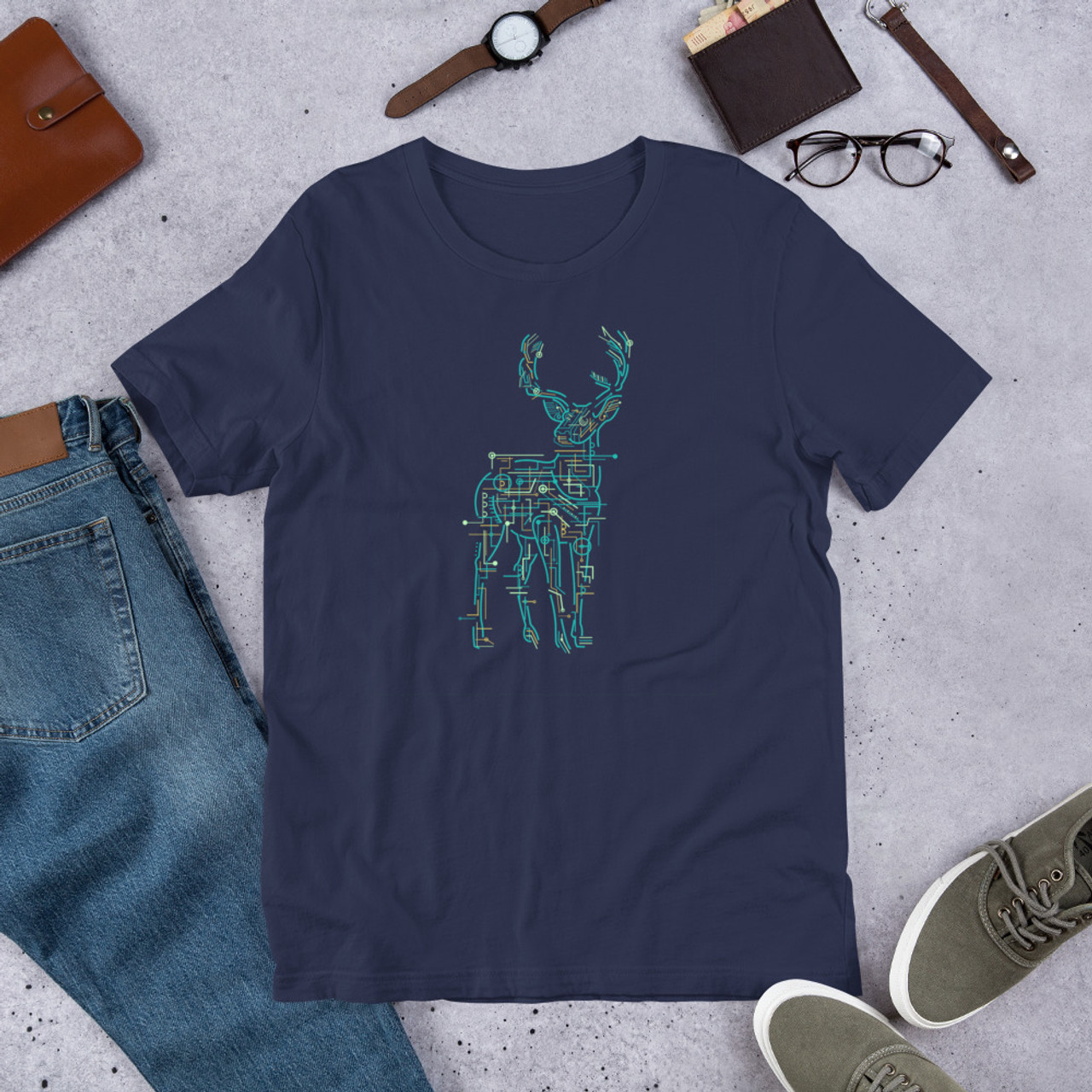 Navy T-Shirt - Bella + Canvas 3001 Electric Deer
