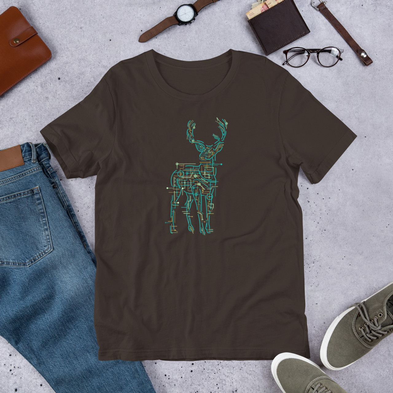 Brown T-Shirt - Bella + Canvas 3001 Electric Deer