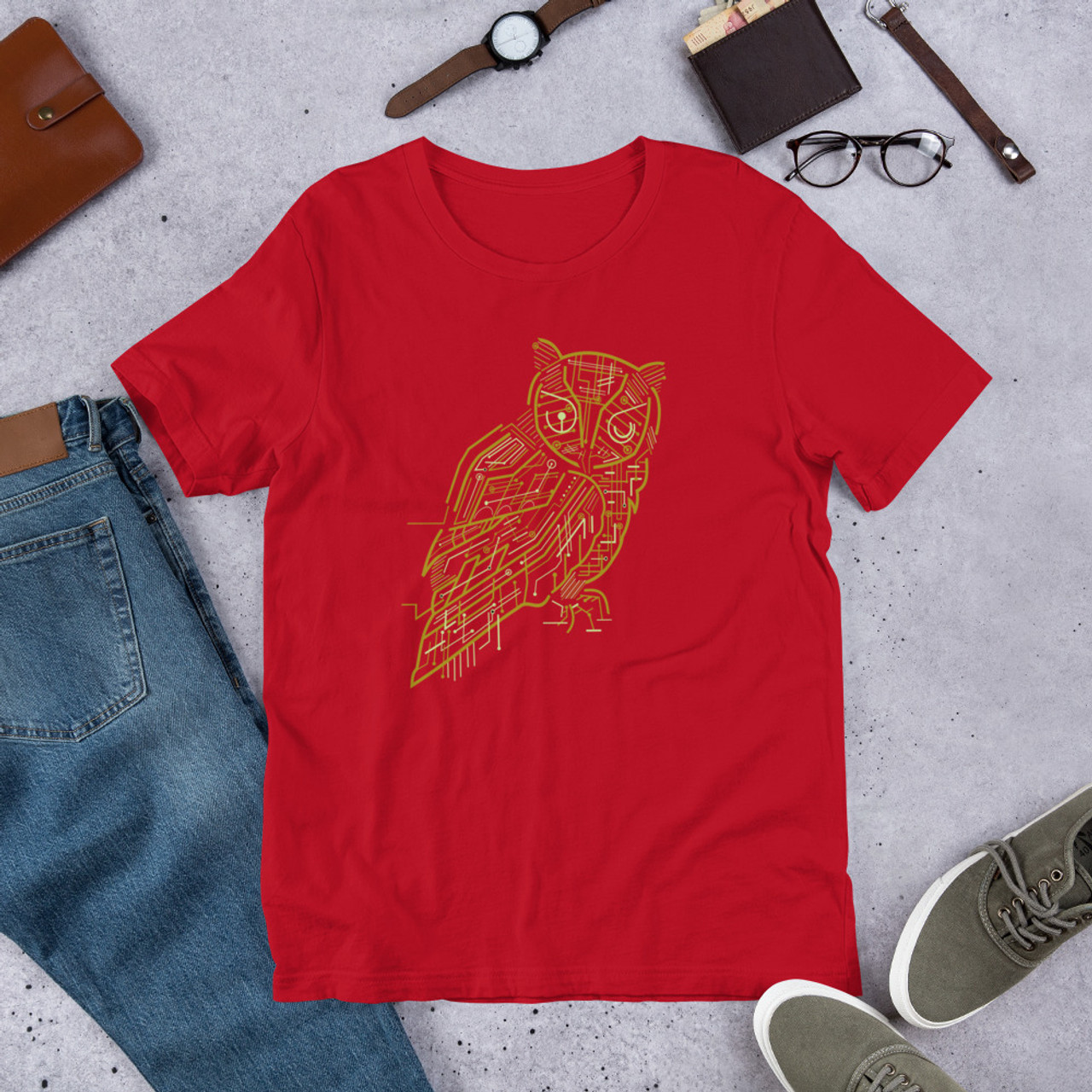 Red T-Shirt - Bella + Canvas 3001 Electric Owl