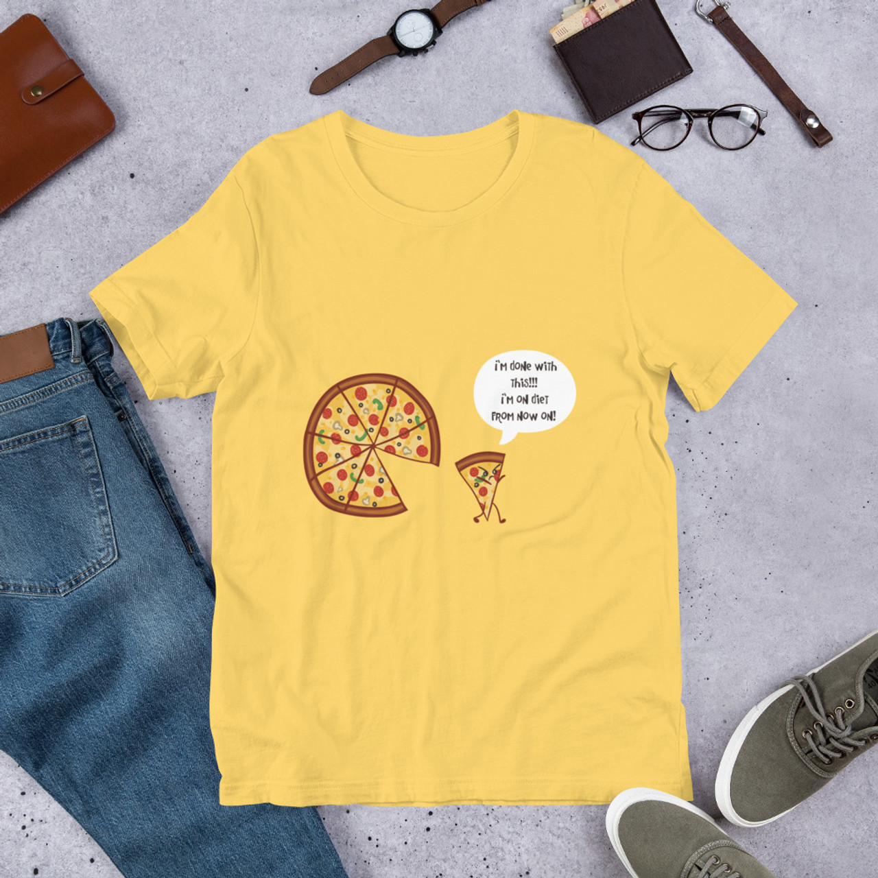 Yellow T-Shirt - Bella + Canvas 3001 Angry Pizza
