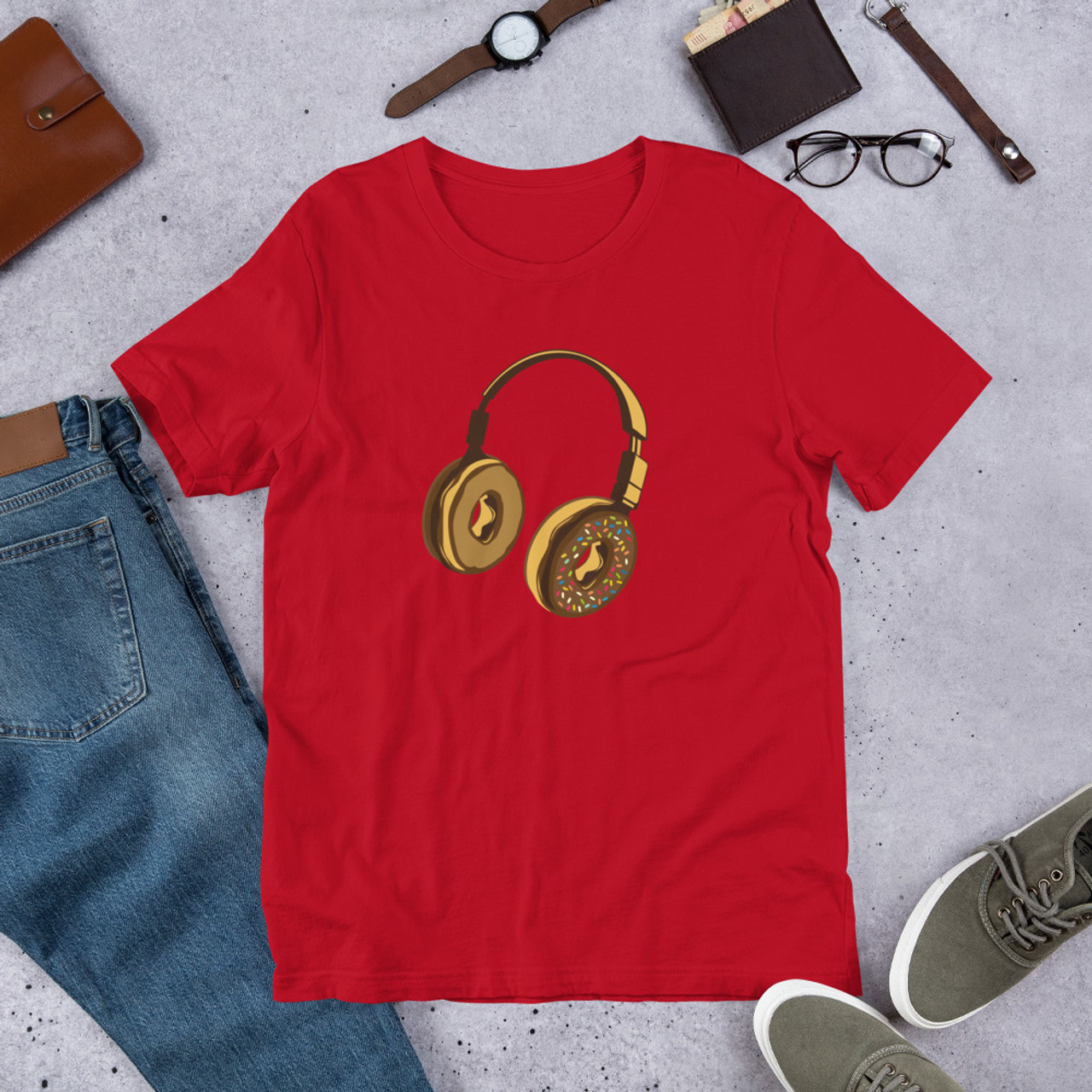 Red T-Shirt - Bella + Canvas 3001 Headphone Donut