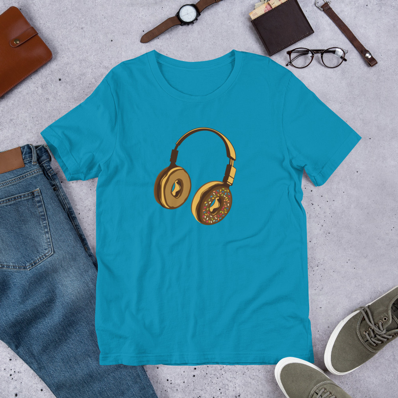 Aqua T-Shirt - Bella + Canvas 3001 Headphone Donut