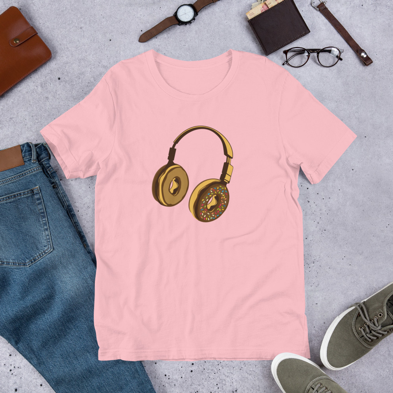 Pink T-Shirt - Bella + Canvas 3001 Headphone Donut