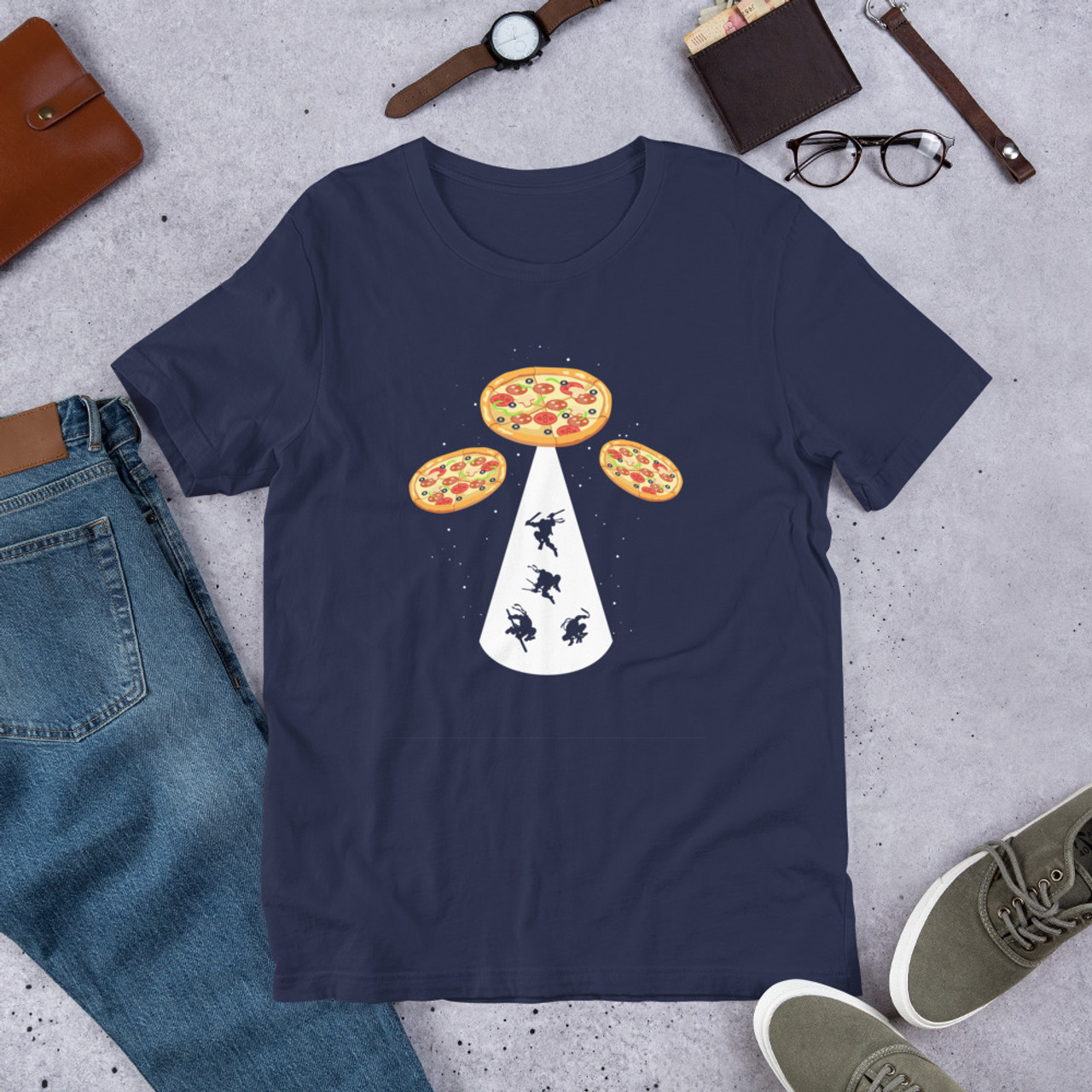 Navy T-Shirt - Bella + Canvas 3001 Pizza UFO