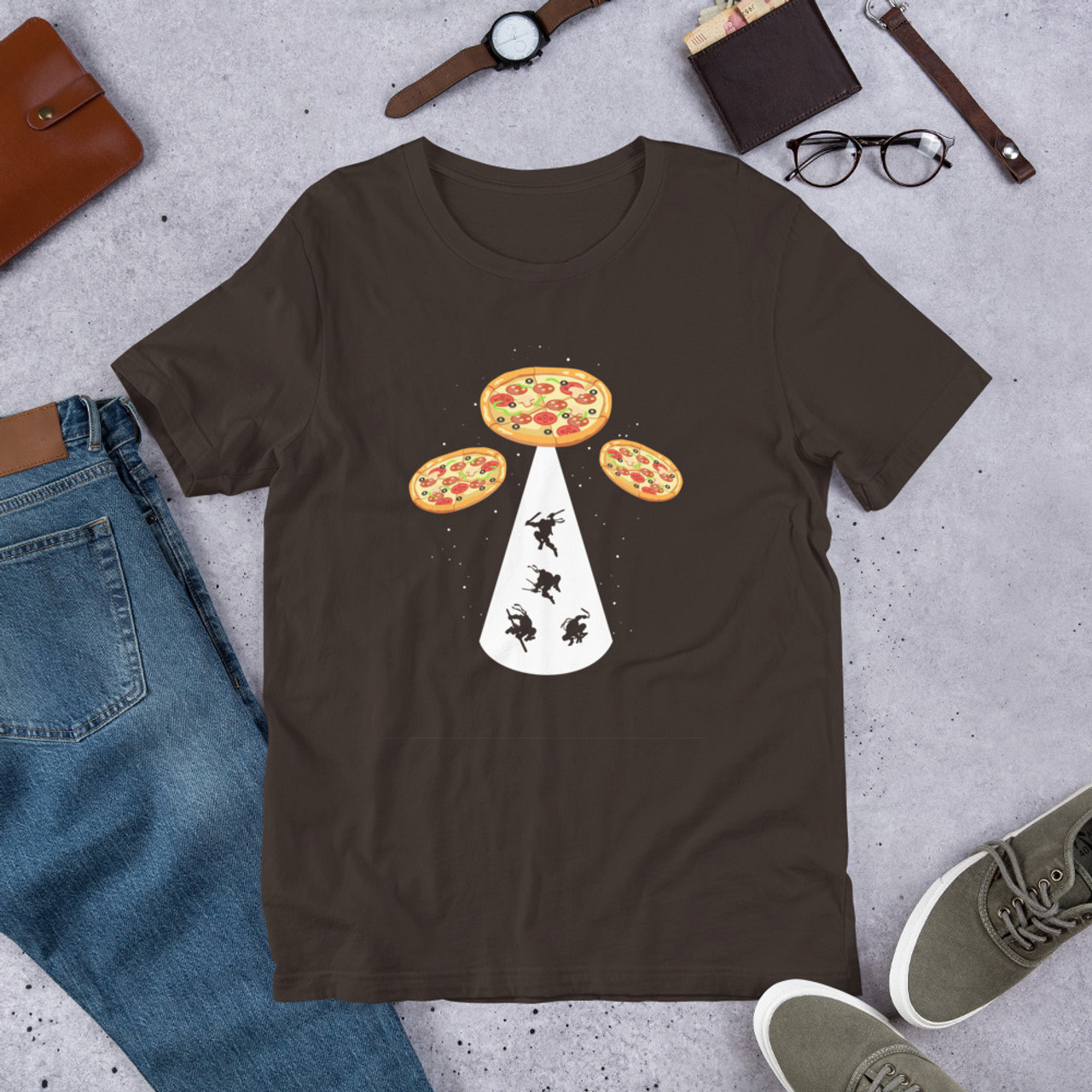 Brown T-Shirt - Bella + Canvas 3001 Pizza UFO