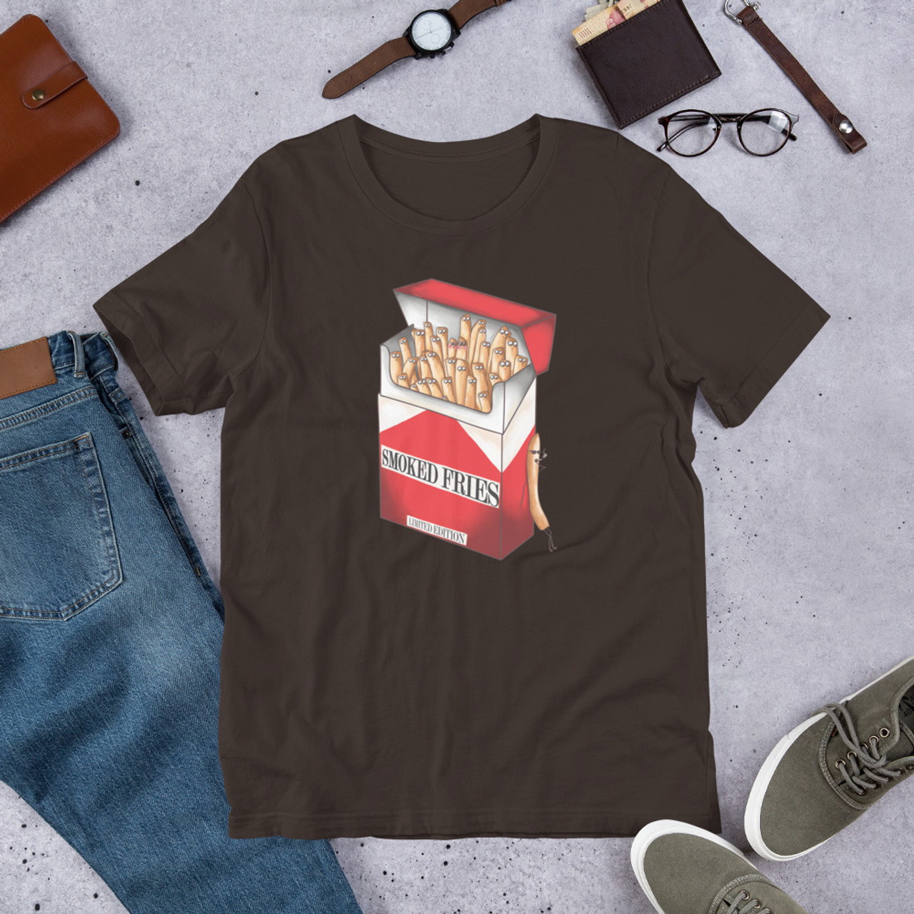 Brown T-Shirt - Bella + Canvas 3001 Smoked Fries