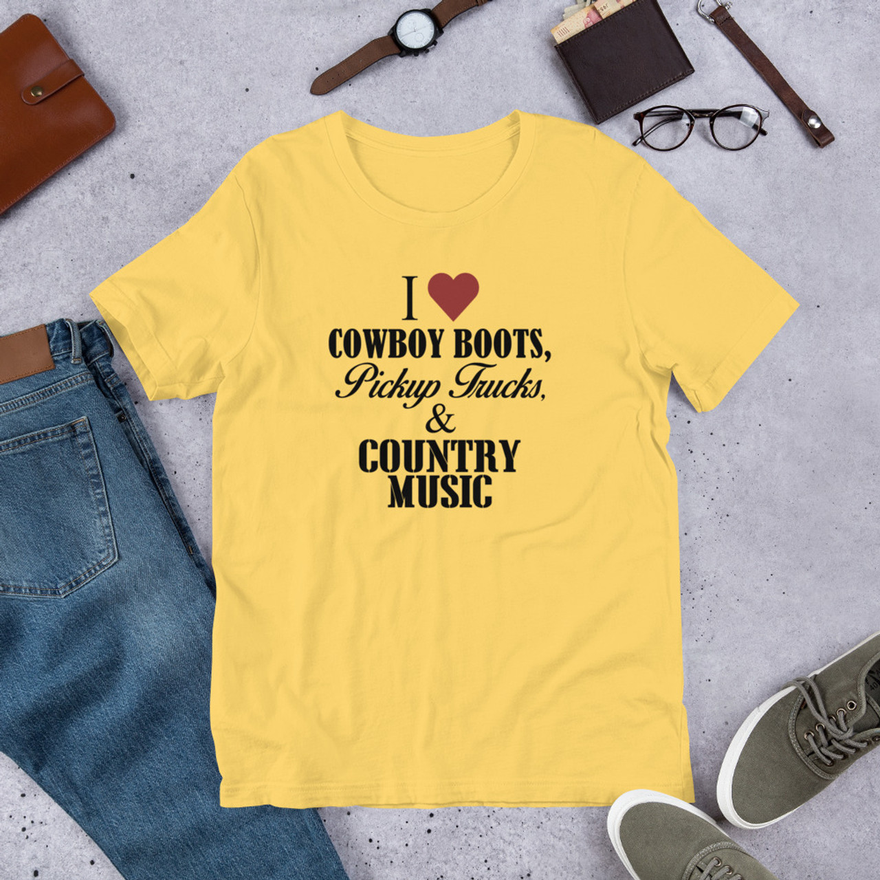 Yellow T-Shirt - Bella + Canvas 3001 I Love Cowboy Boots