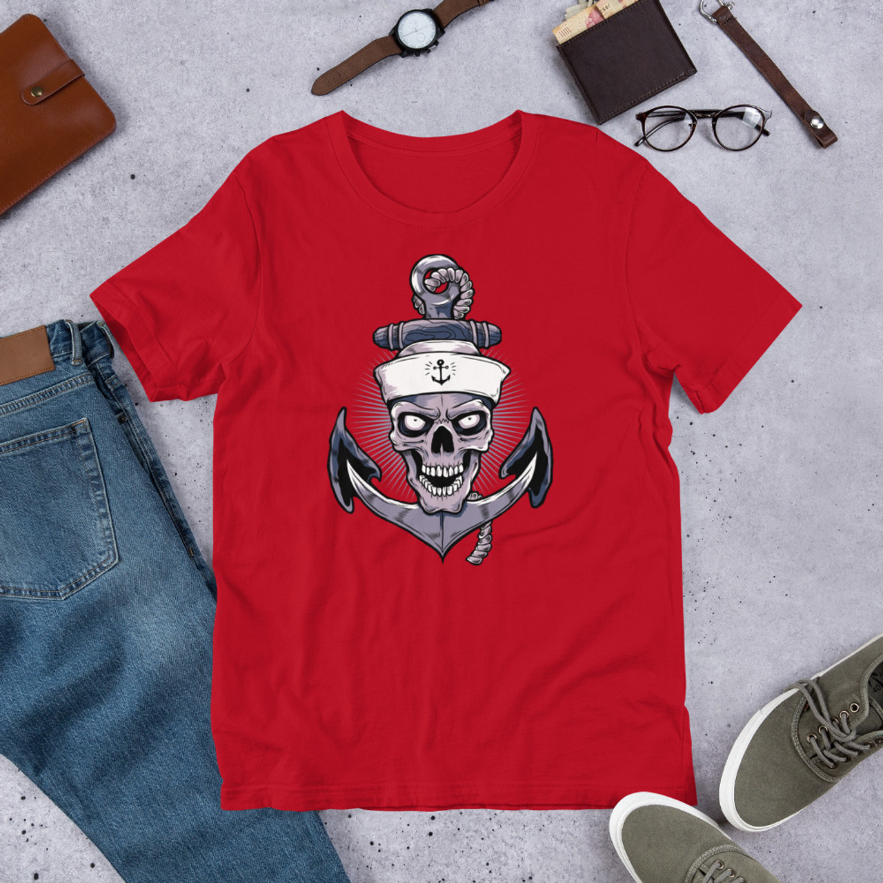 Red T-Shirt - Bella + Canvas 3001 Anchor Skull