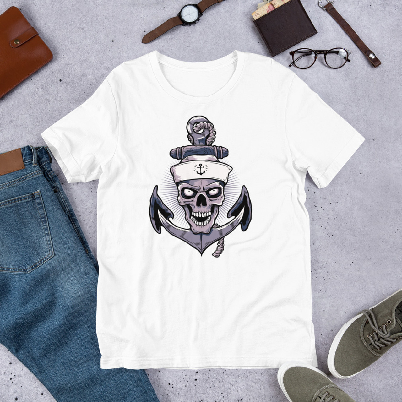 White T-Shirt - Bella + Canvas 3001 Anchor Skull