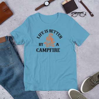 Ocean Blue T-Shirt - Bella + Canvas 3001 Life Is Better By A Campfire