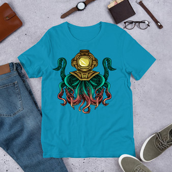 Aqua Golden Helmet Diving Octopus Unisex Staple T-Shirt - Bella + Canvas 3001