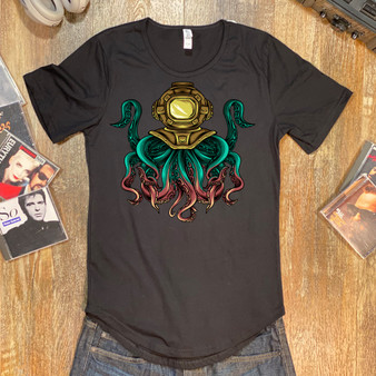 Black Golden Helmet Diving Octopus Curved Hem Tee - Bella + Canvas 3003