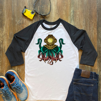 Black Golden Helmet Diving Octopus  Unisex 3/4 Sleeve Raglan Shirt Gildan 5700