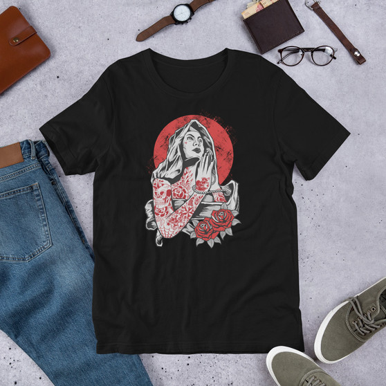 Black T-Shirt - Bella + Canvas 3001 Virgin Mary Tattoo