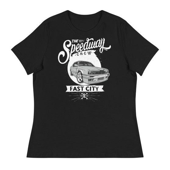 Black The Speedway Crew Women's Relaxed T-Shirt - Bella + Canvas 6400