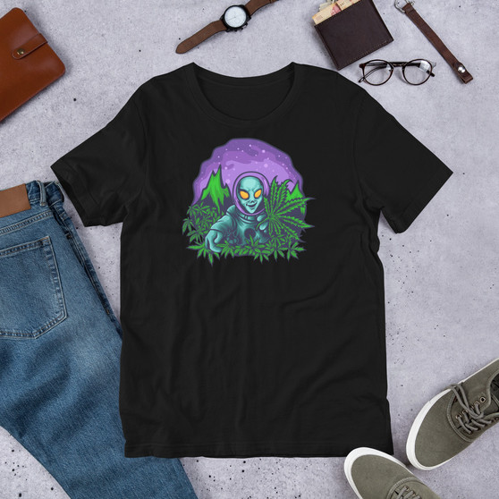 Black Unisex Staple T-Shirt - Bella + Canvas 3001 Alien Cannabis Garden