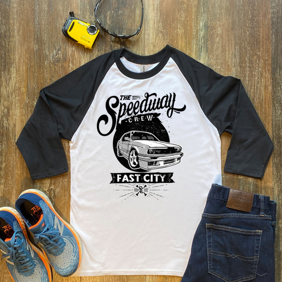 Black The Speedway Crew Unisex 3/4 Sleeve Raglan Shirt Gildan 5700