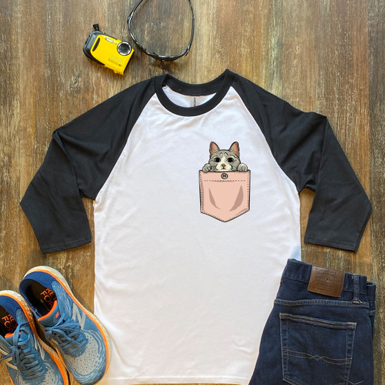 Black Cute Pocket Kitten Unisex 3/4 Sleeve Raglan Shirt Gildan 5700