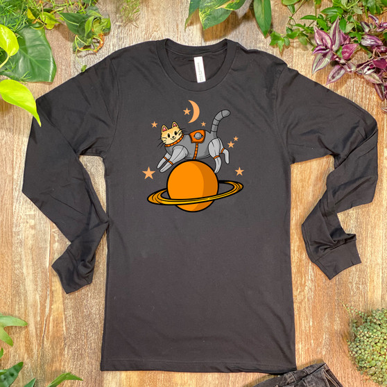 Black Tabby Cat on Orange Planet Unisex Long Sleeve Tee - Bella + Canvas 3501