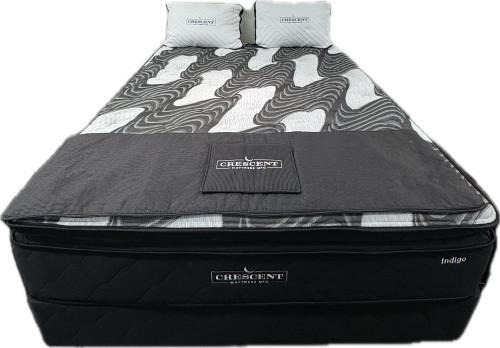 •	Indigo – 13” Pillowtop Plush
1.	Breathable cover so that it doesn’t trap excess heat.
2.	Gel Memory Foam – Dissipates directs excess heat away from the sleeper for a cooler night’s sleep.  Combining gel with memory foam create extraordinary pressure point relief.
3.	Memory Foam – Contours to the body and relieves a sleepers pressure points
4.	Pocket Coil Springs – Gives individualized support to each sleeper while virtually eliminating motion transfer.  Rows of firmer edge springs provide lasting edge support
