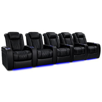 Valencia Theater Seating - Valencia Tuscany Heat & Massage Edition Home Theater Seating | Premium Top Grain Nappa 11000 Leather (Row of 5, Black) - Midnight Black