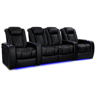 Valencia Theater Seating - Valencia Tuscany Heat & Massage Home Theater Seating |Premium Top Grain 11000 Leather (Row of 4 Loveseats Center, Black) - Midnight Black