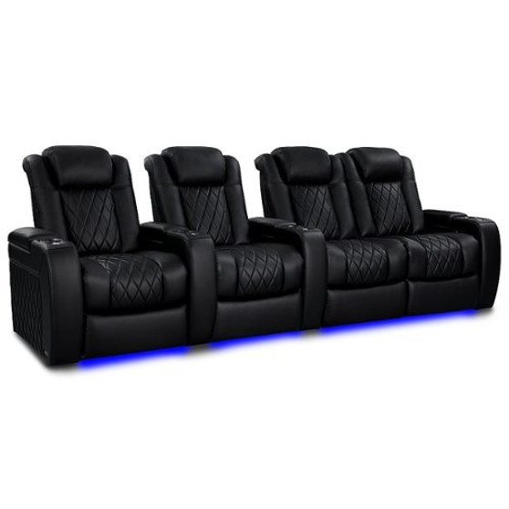 Valencia Theater Seating - Valencia Tuscany Heat & Massage Home Theater Seating | Premium Top Grain 11000 Leather (Row of 4 Loveseats Right, Black) - Midnight Black