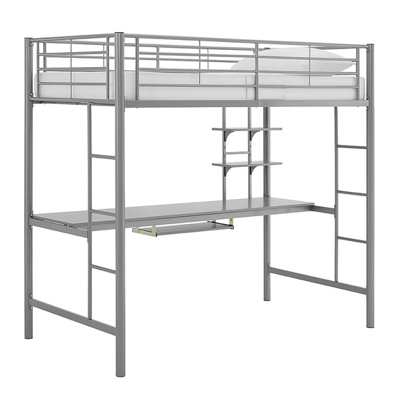 Walker Edison - Premium Metal Twin Loft Bed with Workstation - Silver