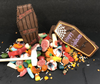 Custom Hand-Crafted Artwork on a Milk Chocolate Coffin filled with Candy! (Candies inside will vary.)