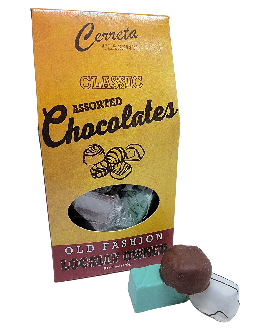 Cerreta's classic assortment of chocolates, caramels, and other confections. Now available in a gift tote box for the perfect snack or gift!