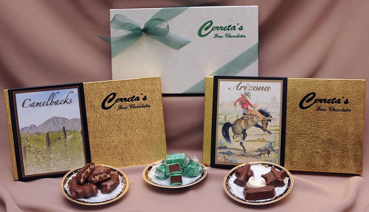 Our top famous gift boxed products packed in a three pack set. French Mint Truffles, Camelback Pecan Caramel Clusters and our Arizona Western Shapes Chocolates! 
1 - 7.25 oz. box Cerreta's French Mints
1 - 8 oz. box Camelbacks Gold Box
1 - 8 oz. box Arizona Western Shapes solid chocolates
