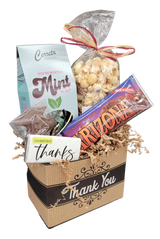 Thank You Basket with Milk Chocolate Graduation Cap Pop, Caramel Corn, One Ounce Thank You bar, Arizona Camelbacks bar, and the Famous French Mint tote!