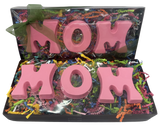 Pink Pastel Chocolate shaped into MOM letters in a Festive Box