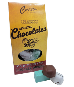 Cerreta's classic assortment of chocolates, caramels, and other confections. Now available in a gift tote box for the perfect snack or gift!