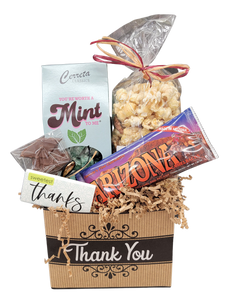 Thank You Basket with Milk Chocolate Graduation Cap Pop, Caramel Corn, One Ounce Thank You bar, Arizona Camelbacks bar, and the Famous French Mint tote!