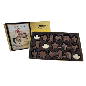 A deliciously fun assortment of Western Shapes made in White and Milk Chocolate! Western Shapes include Cactus, Cowboy Hat, Cowboy Boots, Saddle, Horse, Carriage, and Sheriff's Star! 8 Oz. Box.