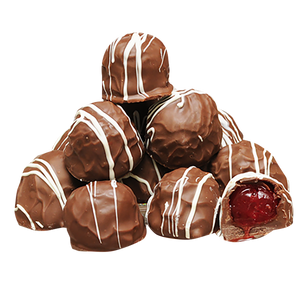 The perfect combination of sugar and cream with a maraschino cherry tucked inside. Enrobed in smooth milk chocolate, these melt in your mouth treats are then drizzled with white chocolate coating for a finishing touch. Packed in our elegant desert series box, ready for gift giving or occasion. 9oz. Box.