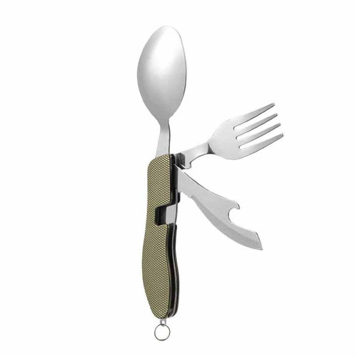 4 In 1 Outdoor Tableware Set Camping Cooking Supplies Stainless Steel Spoon Portable Fork Knife Multifunction Folding Portable Pocket Kits Bottle Opener Tablespoon Set Home Picnic Hiking Travel Tools