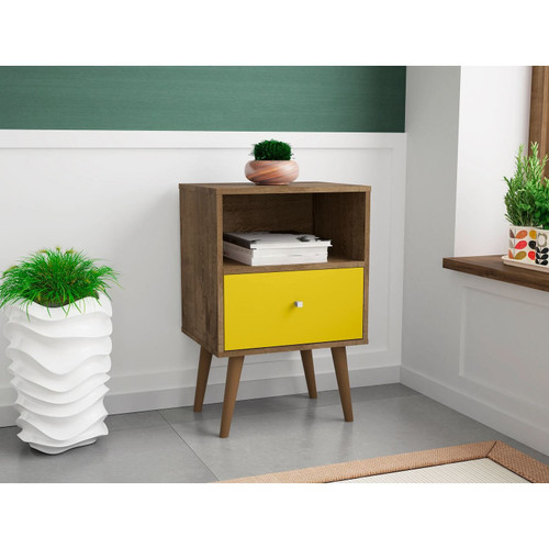 Manhattan Comfort Liberty Mid-Century Modern Nightstand 1.0 with 1 Cubby Space and 1 Drawer in Rustic Brown and Yellow