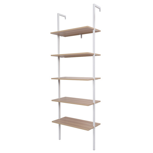 5-Shelf Wood Ladder Bookcase with Metal Frame;  Industrial 5-Tier Modern Ladder Shelf Wood Shelves XH